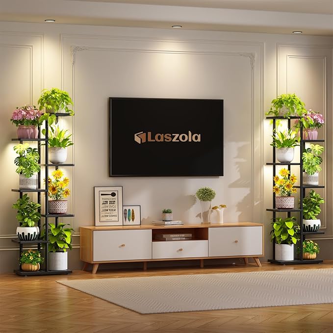 LASZOLA 6 Tier Plant Stand Indoors Outdoors with Light for Large Heavy Duty Planter, Black Metal Tall Flower Holder Rack for Modern House Corner, Vertical Iron Organizer with Multiple Rustic Shelf