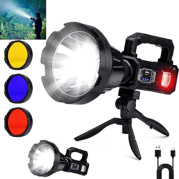 Rechargeable Spotlight Flashlight, Peascat 3,000,000L Lumens LED Handheld Spot Light, 6 Modes, 3 Colored Lenses, Solar & USB-C Charging, Tripod, IPX6 Waterproof for Fishing, Camping, Outdoor Emergency