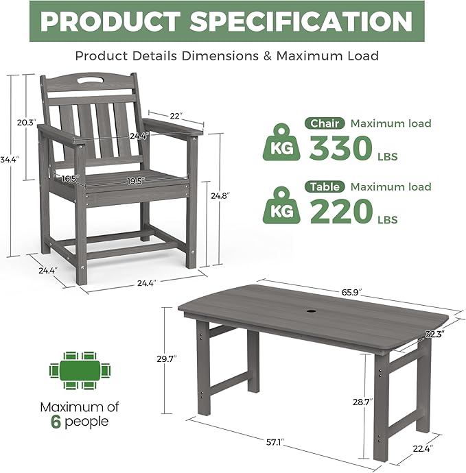 HDPE Outdoor Patio Dining Set with Table & 6 Chairs, All-Weather 7-Piece Outdoor Table and Chairs, 2" Umbrella Hole, Patio Furniture for Garden, Backyard, Deck | Grey