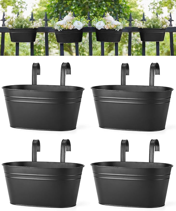 Dahey 10.5 Inch Metal Iron Hanging Flower Pots for Railing Fence Hanging Bucket Pots Countryside Style Outdoor Planter Window Flower Plant Holder with Detachable Hooks Home Decor, Black,4 Pcs
