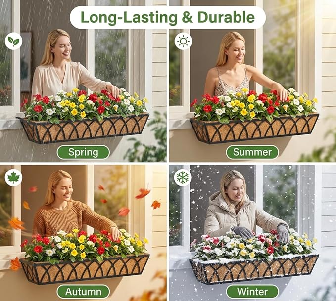 Y&M 30 Inch Window Deck with Coco Liner, Fence Metal Hanging Flower Planter Basket Deck Railing Planter Boxes for Outdoor Garden Lawn, 30" Window Boxes Horse Trough with Coconut Coir Liner,4pcs