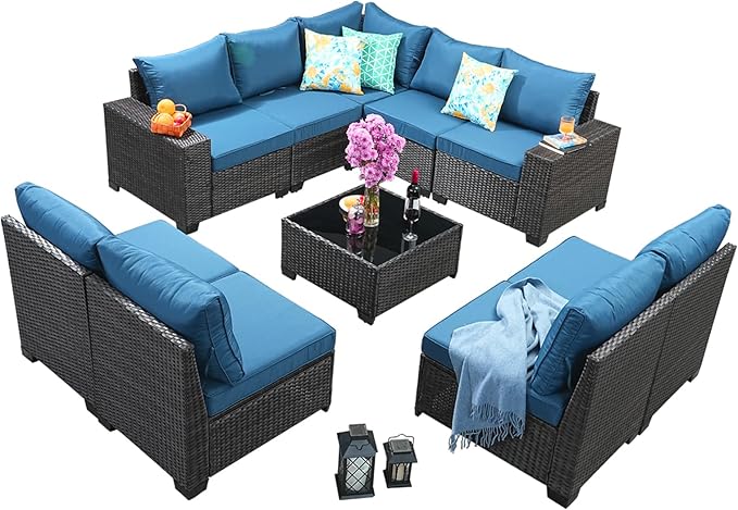 Jing's Villa 8-Piece Patio Furniture Set, All-Weather Outdoor Wicker Sectional Sofa with Cushions,Glass Table & Left and Right Armrest, Rattan Conversation Seating for Porch, Backyard,Peacock Blue