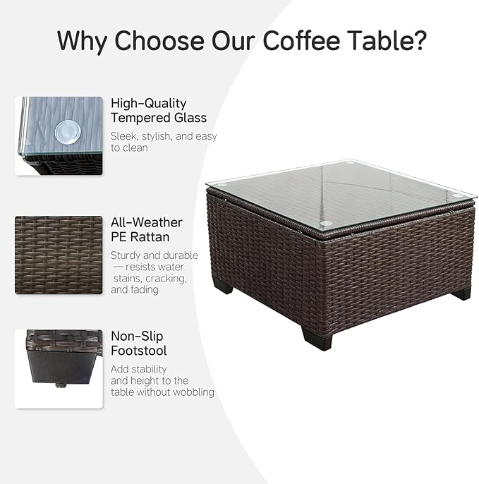 Wicker Patio Furniture - Square Outdoor Coffee Table, with Tempered Glass Tabletop & Rust-Resistant Coated Steel Frame, Compatible with Sectional Sofas, Ideal for Garden, Pool, Balcony, Black