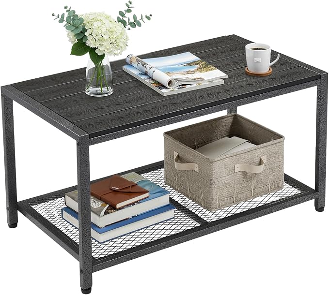 VINGLI Outdoor Coffee Table with Double-Layer Storage, Rectangle Weather-Resistant Patio Coffee Table for Garden, Balcony, Hot Tub, Poolside, Heavy-Duty Metal Frame, Black Modern Design