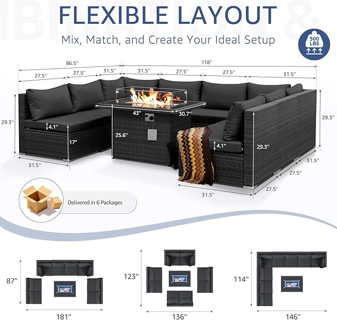NICESOUL 9 Piece Modern Outdoor Furniture Set with Fire Pit Table, 8 Seat L-Shaped Extra Large Sectional Sofa Sets, 29.3'' High Back Comfy Modular Wicker Conversations, Natural Gas & Propane, Grey