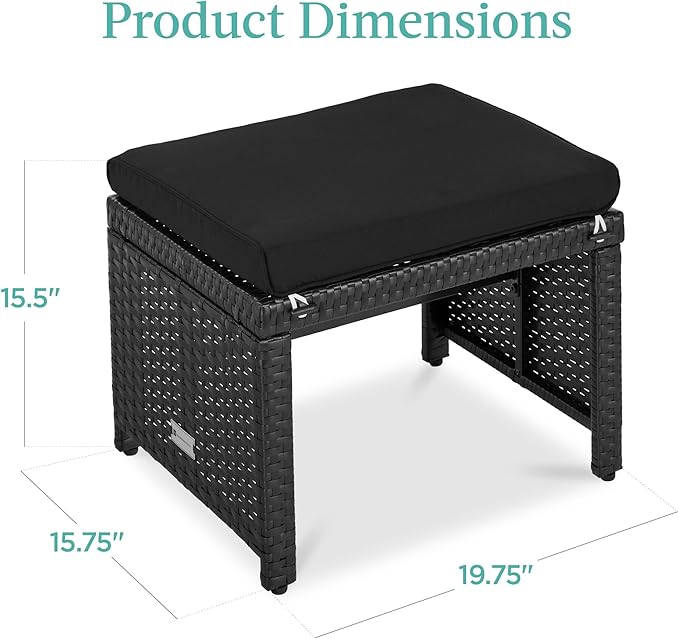Best Choice Products Set of 2 Wicker Ottomans, Multipurpose Outdoor Furniture for Patio, Backyard, Additional Seating, Footrest, Side Table w/Removable Cushions, Steel Frame - Black/Black