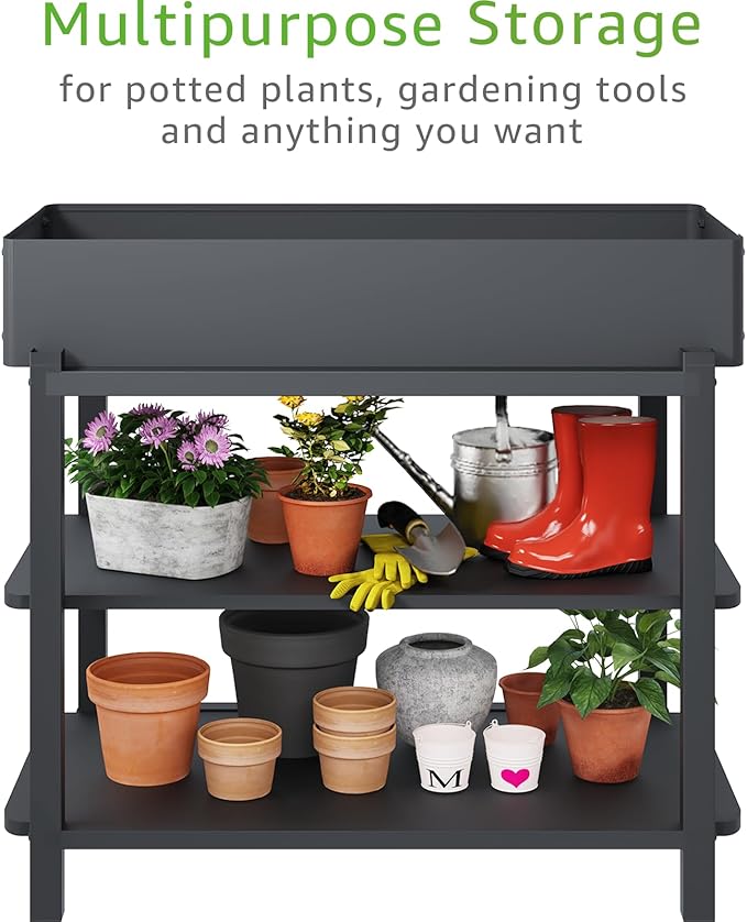 Metal Raised Garden Bed with Trellis & 2-Tier Storage Shelf, Elevated Planter Box with Legs -Includes 3 Flower Pots, Outdoor Vertical Garden for Vegetables Herbs Climbing Plants Patio Balcony