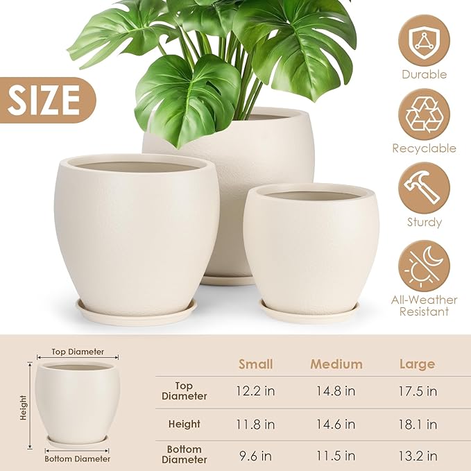 Plant Pots 17.5/14.8/12.2 inch Set of 3, Flower Pots with Drainage Holes, Large Planters for Indoor Outdoor Garden Plants and Flowers. (Light Beige)