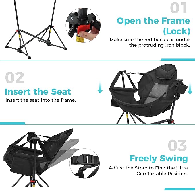 Ainfox Hammock Camping Chair, Foldable Portable Rocking Chairs for Adults Outside Swinging Camp with Cup Holder Pillow for Outdoor Patio Poolside (Black)