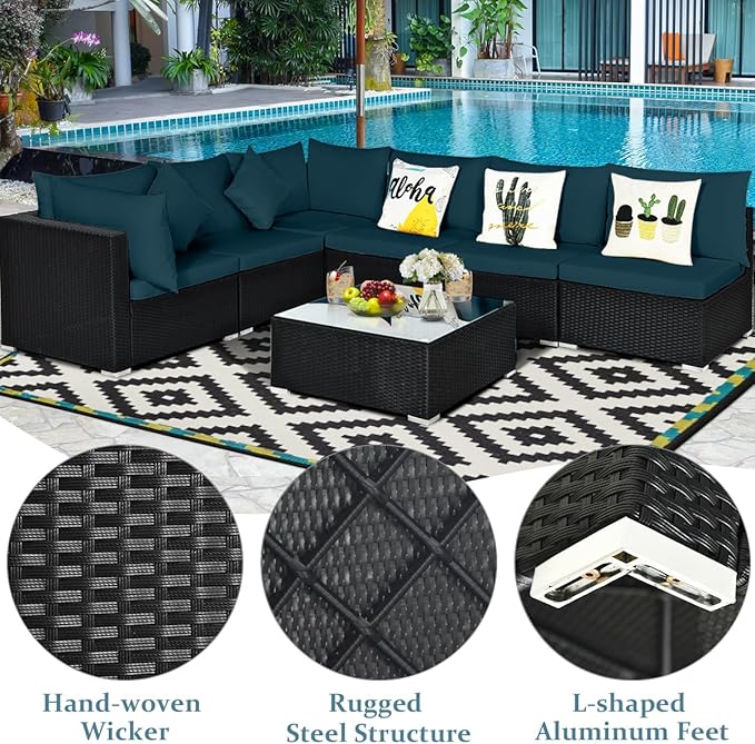 Tangkula 7 Piece Patio Furniture Set, Outdoor Wicker Sectional Sofa with Pillows and Cushions, and Coffee Table, Patio Conversation Set for Garden, Lawn (Peacock Blue)