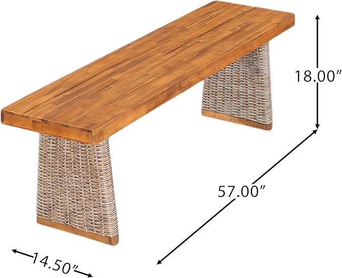 Christopher Knight Home Pasco Acacia Wood Outdoor Dining Table Set for 6, Wicker Patio Dining Set with Acacia Wood Table and Bench, Patio Table and Chair Set with Cushion+Rope Backrest,Brown+Teak+Grey