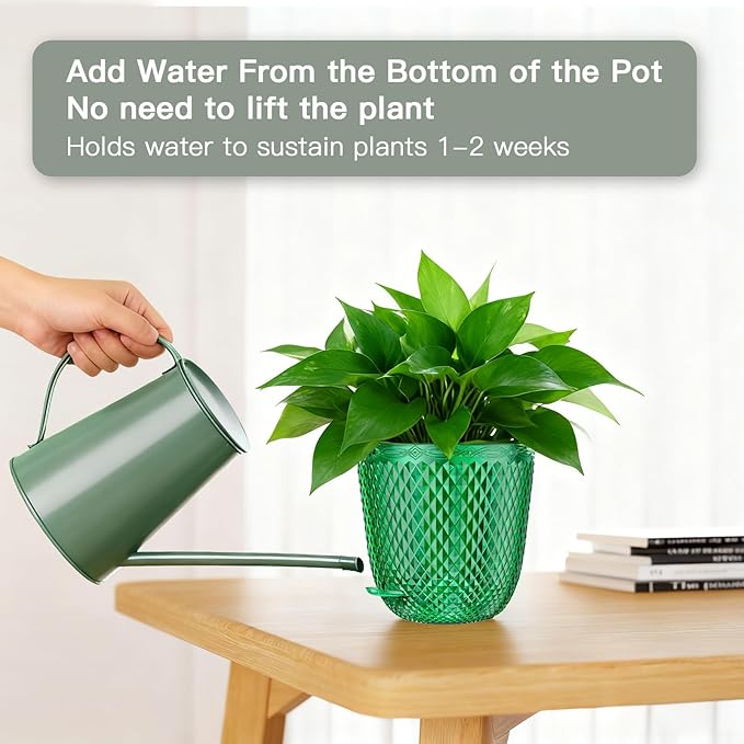 QCQHDU Self Watering Hanging Pots, 2 Pack 5.7 Inch Hanging Planters for Plants Indoor, Outdoor Flower Pots with Drainage Holes and 3 Hooks Chains for Garden Home (Emerald)