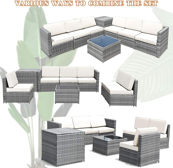 Tangkula 8 Pieces Wicker Patio Furniture Set with Storage Deck Box, PE Rattan Outdoor Sectional Sofa Conversation Set with Coffee Table & Cushions, Outside Furniture for Garden Yard Poolside (White)