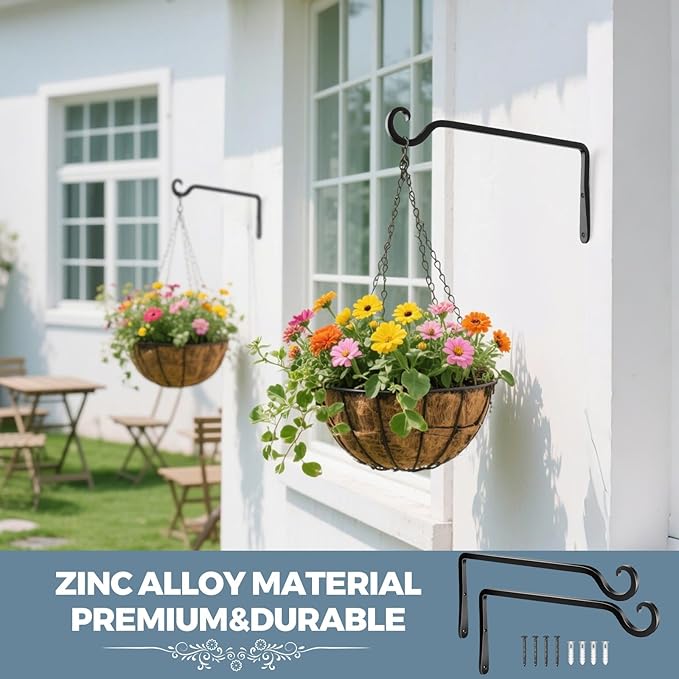 BOLITE Plant Hangers, 10 Inch Hanging Plant Brackets Outdoor Indoor, Wall Hooks for Hummingbird Feeders, Bird Feeders, Planters, Lanterns, Wind Chimes, Home Decor, 2 Pack, Black, Gifts for Women Men