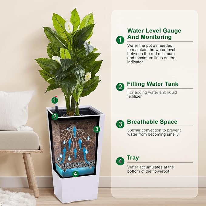 Garvee 22.5" Tall Planters Set of 2, Outdoor＆Indoor Black Planter Pots, High Front Porch Planter Pots with Drainage Holes＆Water Level Monitor＆Inner Bucket,White
