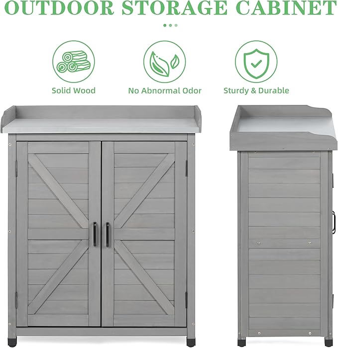 Outdoor Potting Bench with Storage Cabinet and Metal Top, Wood Workstation for Outdoor Patio, Garden (Classic Grey, 31.5x17x39‘’)