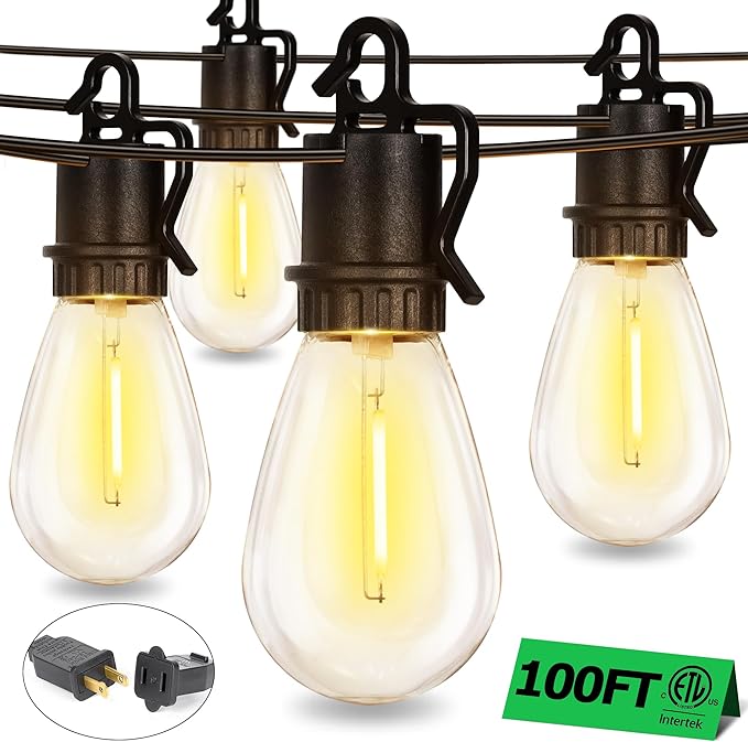 100FT Outdoor String Lights with 35 Shatterproof Patio Deals S14 Vintage Edison Bulbs E12 Sockets,2700K Dimmable Outdoor Lights,IP55 Waterproof LED String Lights for Outside, Patio Lights