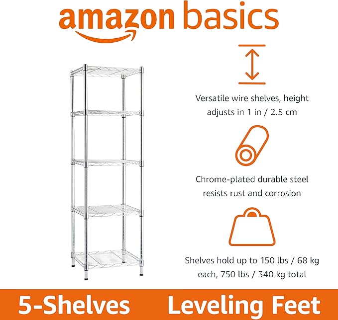 Amazon Basics 5-Shelf Tower Adjustable Storage Shelving Unit, Chrome, 16" x 16" x 54", 150 lbs Per Shelf | Tower, Adjustable