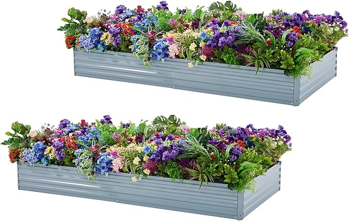 2 Pack 8x4x1FT Galvanized Raised Garden Bed Kit, Outdoor Metal Planter Box for Vegetables, Bottomless Rectangular Gardening Bed with Support Rods, Tool-Free Assembly, Gray