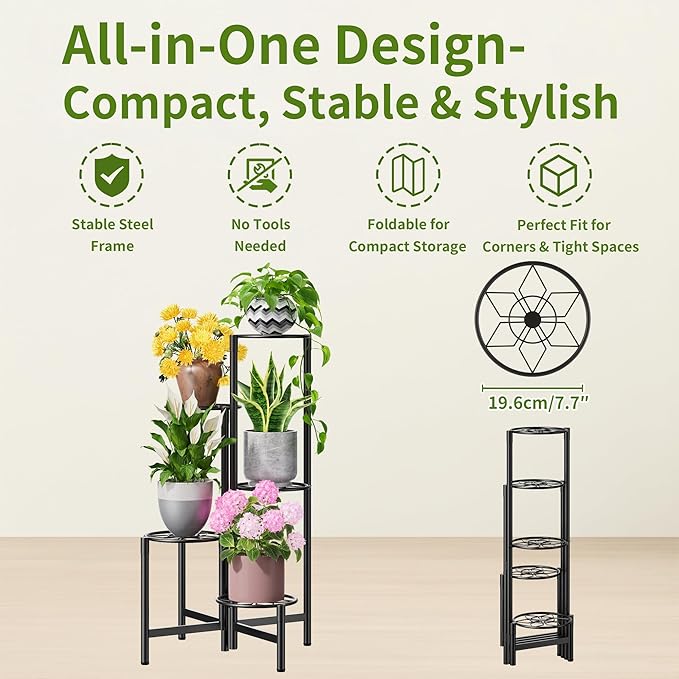 Plant Stand 5 Tier Indoor Metal Flower Shelf for Multiple Plants Corner Tall Flower Holders for Patio Garden Living Room Balcony Bedroom Black Diamond