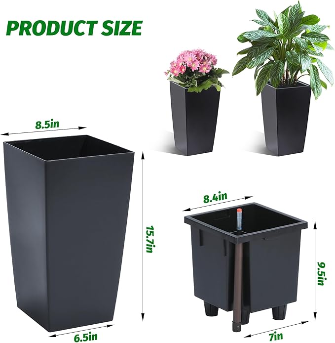 Garvee 16" Tall Planters Set of 2, Outdoor＆Indoor Black Planter Pots, High Front Porch Planter Pots with Drainage Holes＆Water Level Monitor＆Inner Bucket,Black