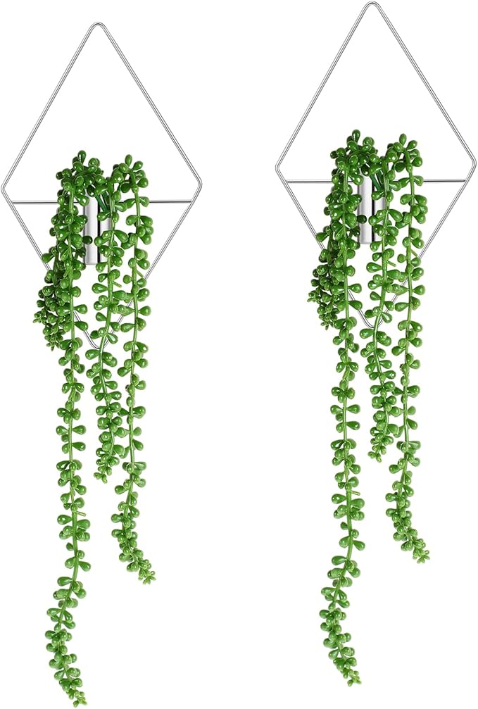 2 Pieces Wall Decor Hanging Planters with Artificial Plants Metal Hanging Vase Indoor Plants Holder Modern Boho Wall Art for Bathroom Bedroom Living Room Decor, Silver, Succulents