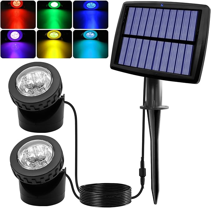AVEKI Solar Pond Spotlights, 12 LED Solar Underwater Lights with Dual Head Waterproof Submarine Landscape Spotlight Security Lighting for Outdoor Patio Ganden Fountain Pond… (RGB, Dual Head)