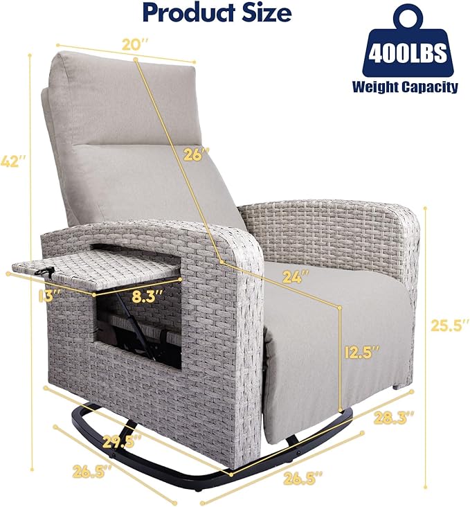 Outdoor Recliner Chair, Wicker Patio Recliners with Adjustable Backrest and Extended Foot Rest, Reclining Patio Chairs with Flip Table & Removable Cushion Cover for Porch
