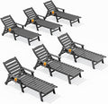 SERWALL Patio Chaise Lounge Chair Set of 6, 5 Positions Adjustable Poly Outdoor Lounger for Pool, HDPE Lounge Chair with Rolling Wheels & Cup Holder for Poolside, Deck, Slate Gray