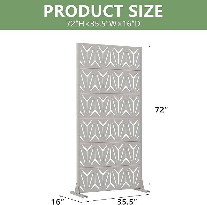 Casaphoria Metal Privacy Screen Outdoor, 72" H x 35" W Freestanding Decorative Privacy Screen for Patio Deck Balcony Garden with Stable Base, Grey-Star