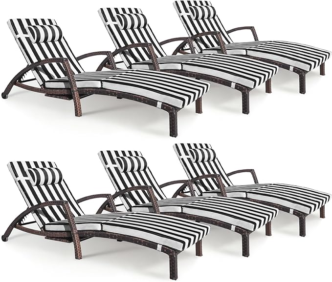Chaise Lounge Chairs Outdoor Set of 6, Comfy Outside Wicker Patio Pool Lounge Chair w/ 5 Adjustable Back Angle, Cup Holder, Thicken Cushion