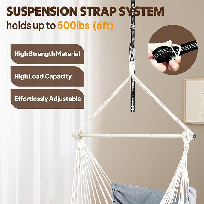 Chihee Hammock Chair 4.9ft x 3.9ft Max 500 Lbs Widen Hanging Swing 2 Cushions Included Metal Spreader Bar with Anti-Slip Grooves Portable Comfy Hanging Chair Side Pocket Bohemian Chair Indoor Outdoor