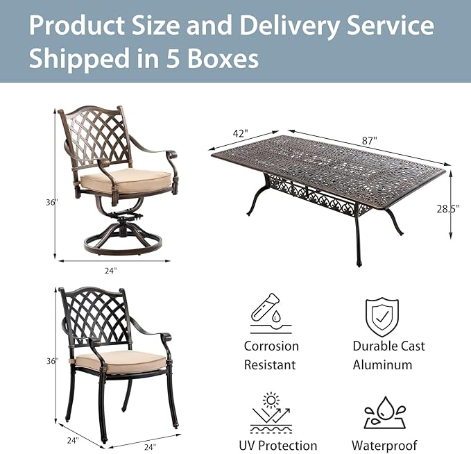 9-Piece Cast Aluminum Patio Furniture, Outdoor Dining Sets for 8 Include 87" Rectangular Patio Dining Table, 6 Stackable Chairs & 2 Swivel Chairs with Cushions & Umbrella Hole(Bronze)