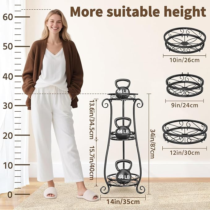 LASZOLA 3 Tier Black Metal Plant Stand for Multiple Large Planters Indoor Outdoor Organizer, Heavy Duty Tall Flower Stand for Corner Patio Bathroom Office, Modern Sturdy Vertical Iron Rack, Cat Proof