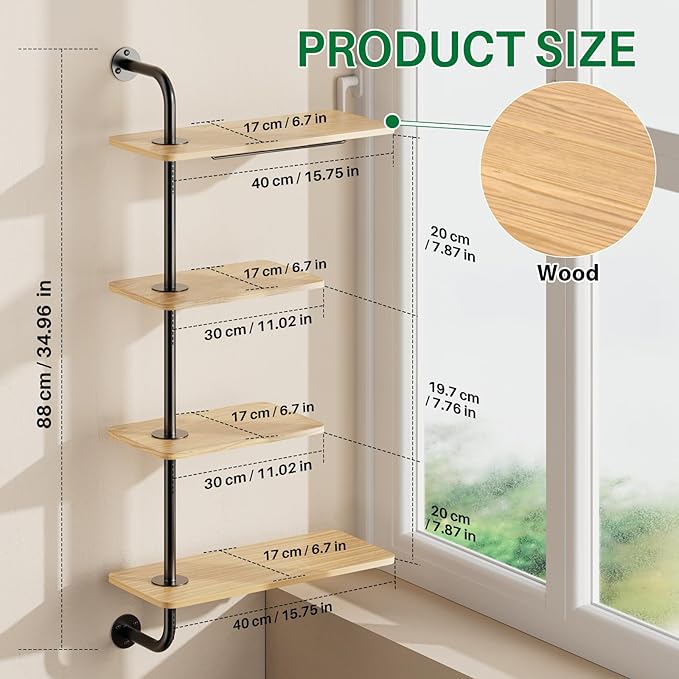 DELLAN 4-Tier Rotating Window Plant Shelf, Wall Mounted Indoor Hanging Plants Shelf, Modern Style