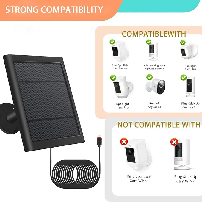 1 Pack - Solar Panel for Ring Security Camera Spotlight Cam Plus/Pro(Battery) Stick Up Cam/Pro Wireless Outdoor with 10FT/3M Long Cable Dustproof Waterproof BK