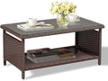 VINGLI Outdoor Wicker CoffeeTable Patio Coffee Tables for Outside, Tempered Glass Top Wicker Table with Storage Coffee Table for Patio Balcony Porch Deck (Brown)