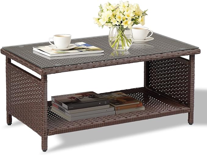 VINGLI Outdoor Wicker CoffeeTable Patio Coffee Tables for Outside, Tempered Glass Top Wicker Table with Storage Coffee Table for Patio Balcony Porch Deck (Brown)