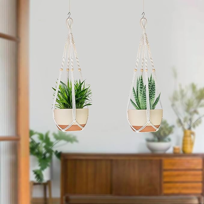 35 Inch Macrame Plant Hanger Indoor with Wood Beads and No Tassels,Strong Hanging Planter Flower Pot Holder for Indoor Outdoor Boho Home Decor,Set of 2,Ivory(Pots Not Included)