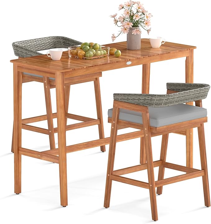 Tangkula 3 Piece Patio Bar Set, Outdoor Acacia Wood Counter Height Table with 2 Cushioned Barstools with Curved Rattan Back and Footrest, for Backyard, Poolside, Balcony