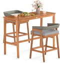Tangkula 3 Piece Patio Bar Set, Outdoor Acacia Wood Counter Height Table with 2 Cushioned Barstools with Curved Rattan Back and Footrest, for Backyard, Poolside, Balcony
