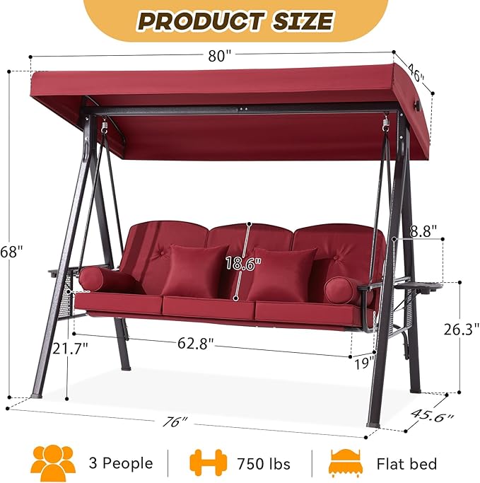 3 in 1 Outdoor Porch Swing with Adjustable Canopy, 3 Seat Outdoor Swing for Adults, Patio Swing Chair with Thickened Cushions,Pillows & Cup Holders for Backyard, Porch, Garden (Wine Red)