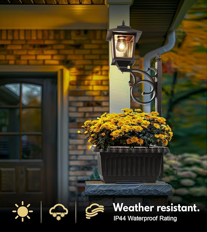 PASAMIC 2 in 1 Outdoor Flower Pots for Real or Fake Flowers, Solar Lamp Post Lights - Wall Mount or Freestanding, Waterproof Decorative Lamp for Lawn, Patio, Front/Back Door