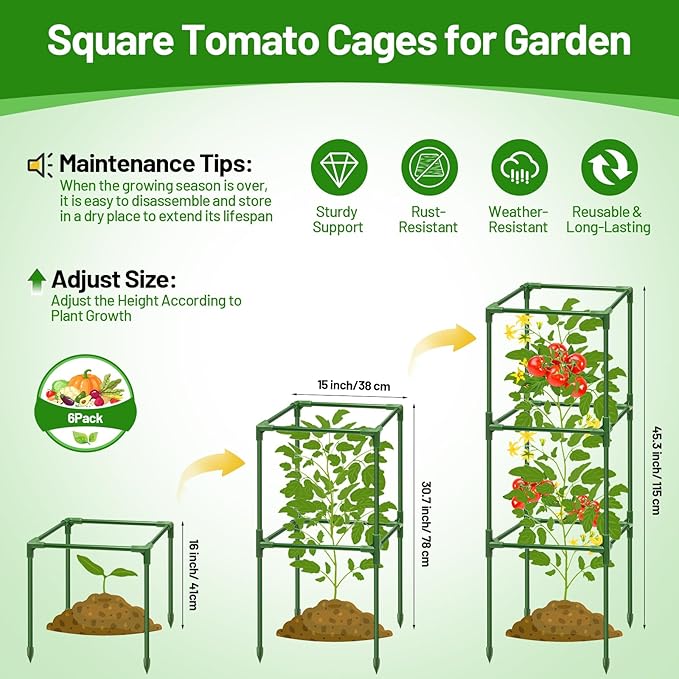 Legigo 6 Pack Square Tomato Cages for Garden- Up to 45 Inch Tomato Trellis Plant Cages Support, Tomato Stakes and Supports Cage for Climbing Vegetables Raised Garden Bed Cucumbers Peppers Flowers