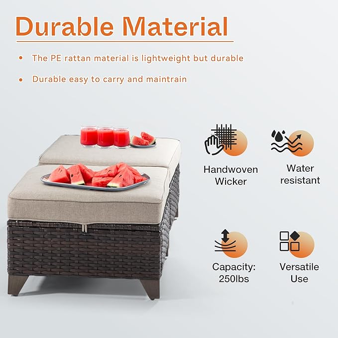 Joyside Patio Ottoman Set of 2, All Weather Outdoor Rattan Ottomans Patio Footstools with Removable Cushions for Garden Backyard Porch (Beige)