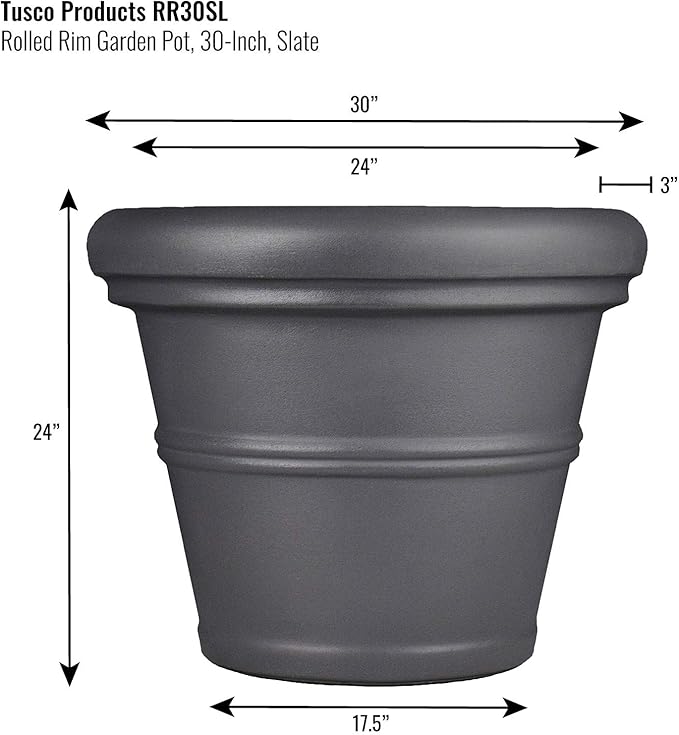 Tusco Products Rolled Rim Garden Planter, 30-inch, Slate