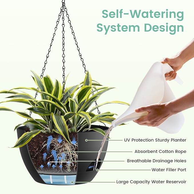 4 Pack 8 Inch Self Watering Hanging Planters for Indoor Outdoor Plants，Hanging Pots for Plants with Drainage Removable Tray, Hanging Baskets Flower Pots for Ivy Pothos Spider Garden Porch Black