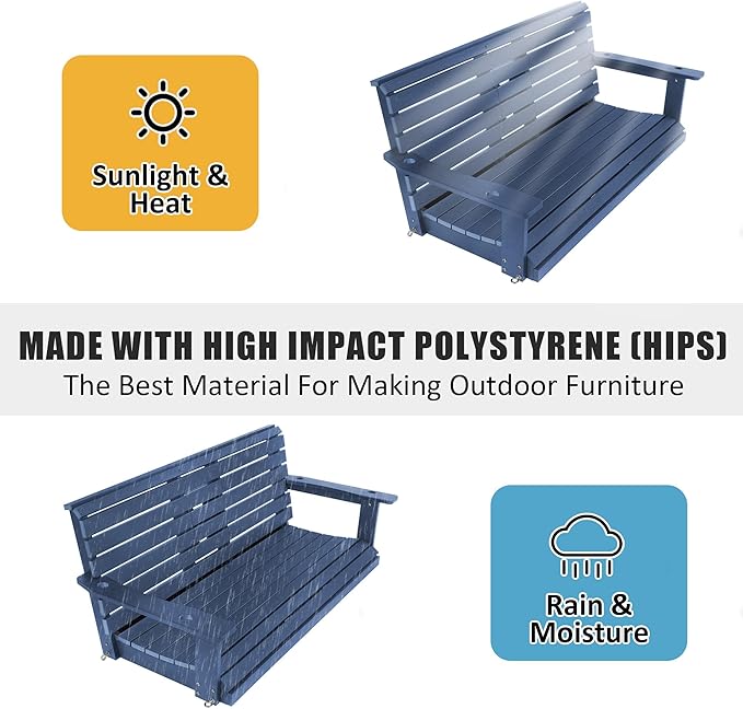Poly Lumber 3-Seat Porch Swing, HIPS 5-Feet Bench Swing with Foldable Cup Holders,18/8 Stainless Steel Hardware, High Backrest and Deep Contoured Seat (Navy Blue, 5-feet)