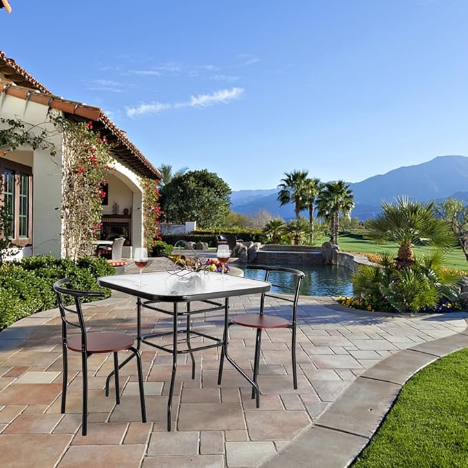 VINGLI Glass Patio Table with Umbrella Hole, 32" Square Outdoor Dining Table Steel Tempered Glass Patio Tables Outdoor Tables for Balcony Garden Deck