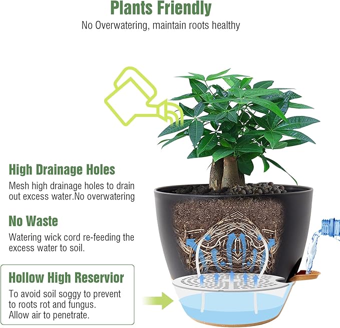 12inch 2Pack Large Self Watering Planters, Plastic Plant Pots with 60oZ Removable Deep Reservoir and Multi Mesh Drainage Holes for Indoor Outdoor Garden Plants and Flowers, Black with Brown